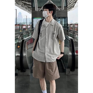 条纹半袖衬衫男士夏季新款日系复古短袖衬衣宽松休闲外套 CB336图片