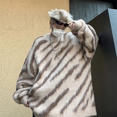 B202-P48秋冬oversize慵懒宽松针织衫美式复古不规则条纹毛衣男，男装针织衫/毛衣，星座512-6