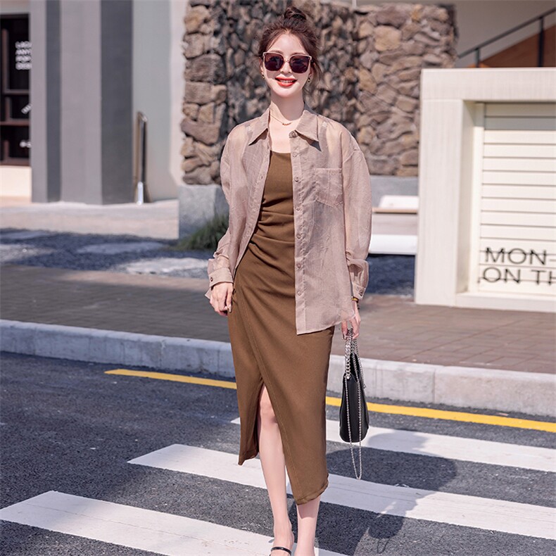 欧货开叉吊带连衣裙女2025年夏季新款高级感气质减龄防晒衬衫套装,女装套装/套裙,意芙