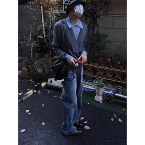 2025秋冬新款毛衣美式复古休闲慵懒风V领针织衫男纯色外套图片