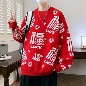76280-特P60红色毛衣男秋冬季青少年潮牌保暖福字针织衫图片