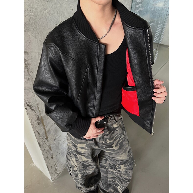 图现货1W件美式潮流复古皮夹克外套男短款机车皮衣特P59，男装皮衣，电商C306-1