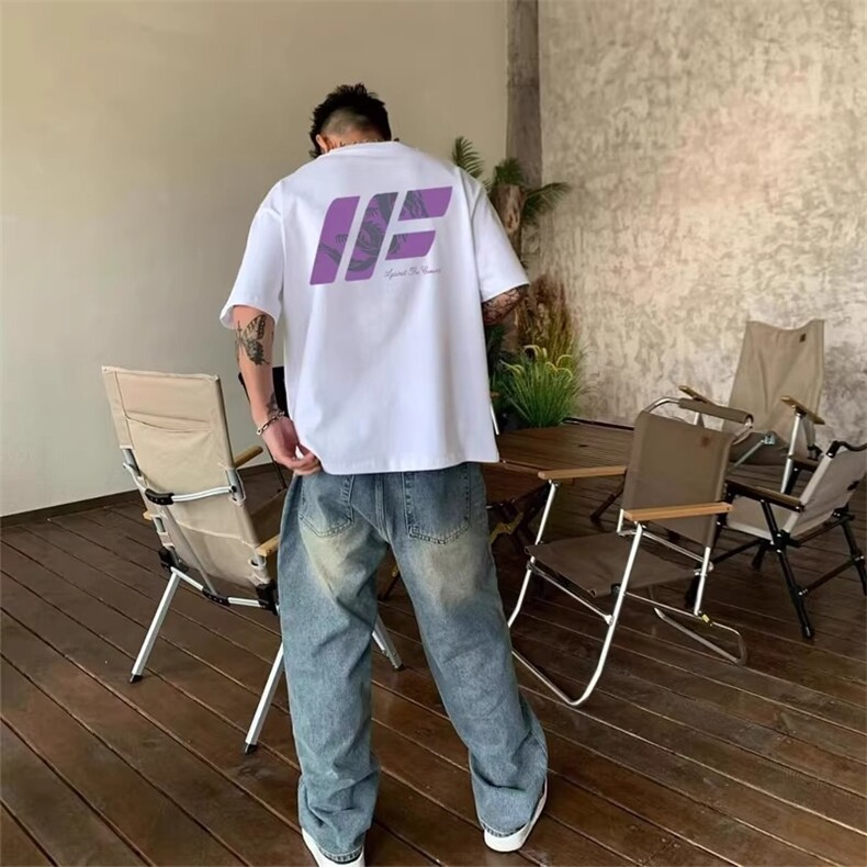 网图美式复古街头痞帅短袖t恤纯棉小领口情侣上衣A025-T7673-P25，男装T恤，电商A025