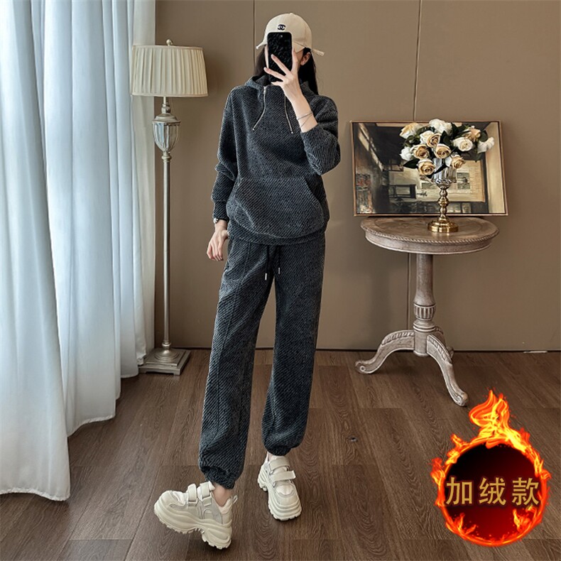 时尚黑灰色加绒加厚卫衣卫裤套装显瘦保暖休闲运动服,女装套装/套裙,江南