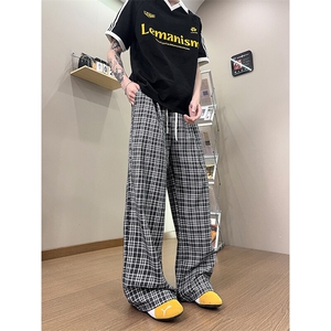 XK468-P35灰色格子裤男夏季薄款慵懒松弛感美式休闲阔腿直筒裤图片