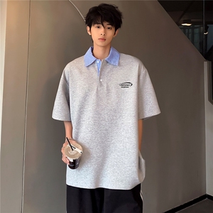 假两件衬衫拼接重磅有型潮男男女同款POLO衫短袖夏季T恤T76-P48图片