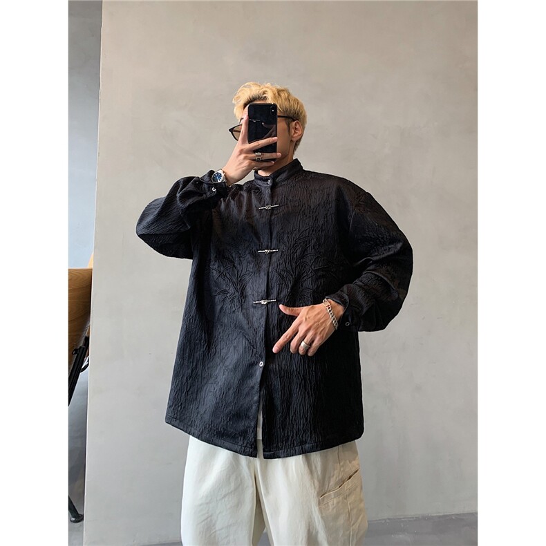 潮新中式提花立领长袖衬衫复古暗纹肌理盘扣中山装上衣服CS580,男装衬衫,星座208-5