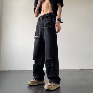 水洗黑色膝盖破洞牛仔裤男夏款美式直筒阔腿乞丐裤1001-1X841-P45图片