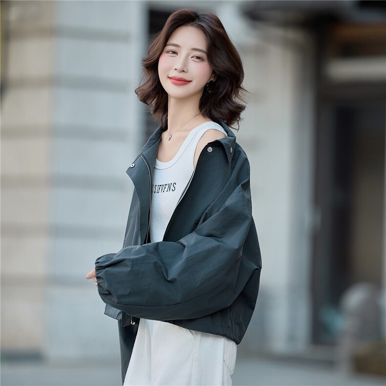 松弛感宽松休闲立领短外套女2025秋季新款百搭小个子洋气夹克上衣,女装短外套,米莱