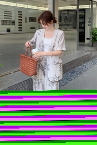 老钱风现货2025新款印花西装短袖休闲阔腿裤套装图片