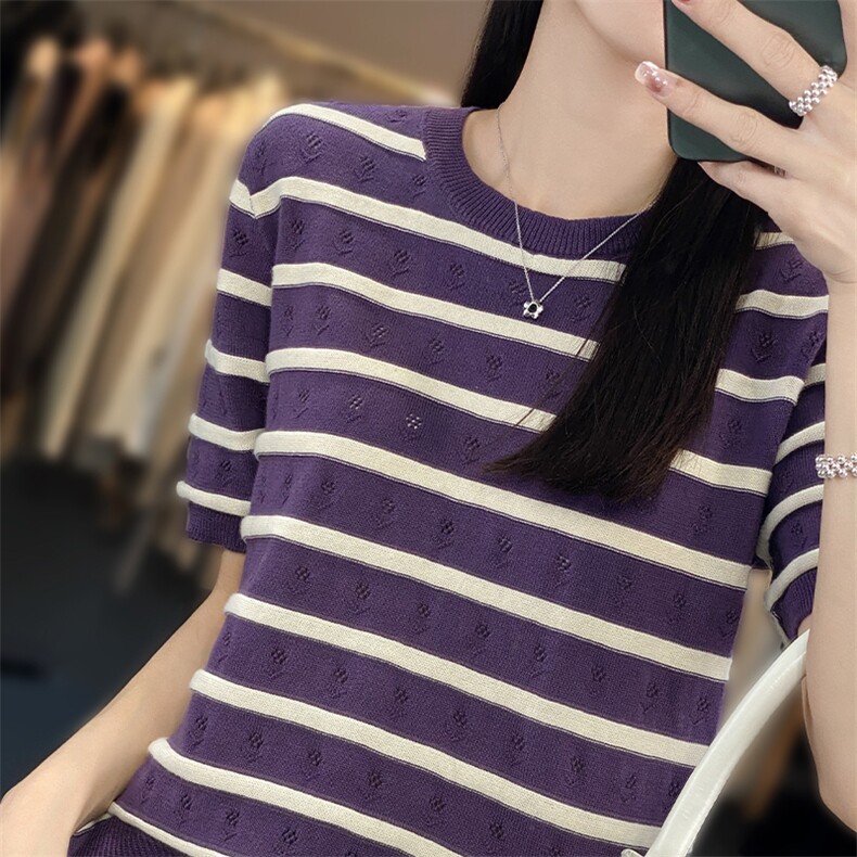 时尚显瘦条纹短袖针织衫宽松百搭圆领上衣舒适柔软面料,针织衫/毛衣,郡淞羊绒