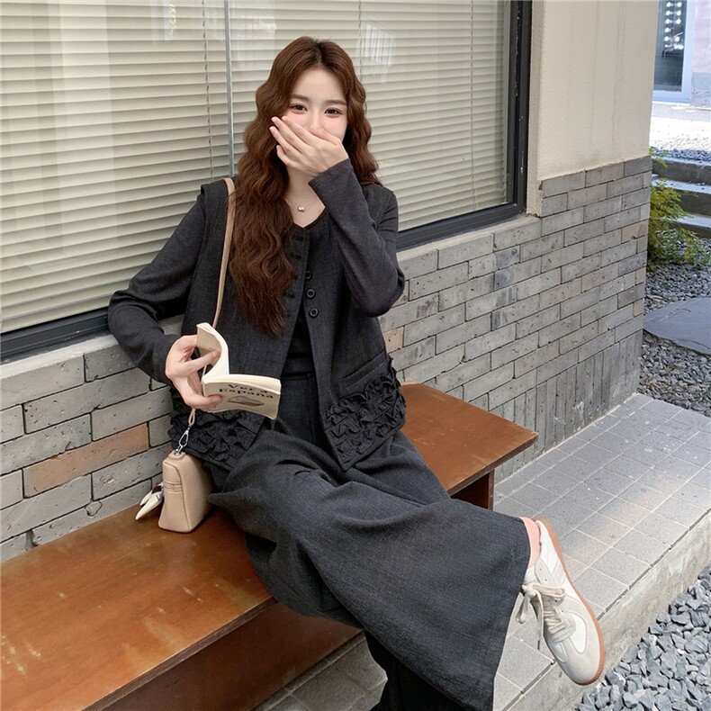 设计感木耳边马甲T恤套装女2025秋季新款港风显瘦阔腿裤三件套潮,女装套装/套裙,2C233