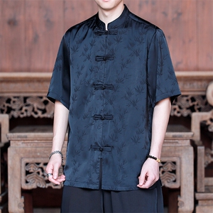 新中式现货男士竹叶缎面立领盘扣短袖衬衫情侣CS9898-P65控89图片