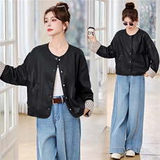 大量现货-2026年春季新款撞色时尚百搭高级感蛋白皮外套，女装皮衣，蓝诺裳