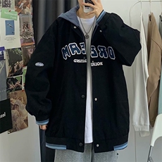 春秋季日系潮流港风假两件字母棒球服外套情侣连帽工装夹克男上衣，男装夹克，星座1210-1