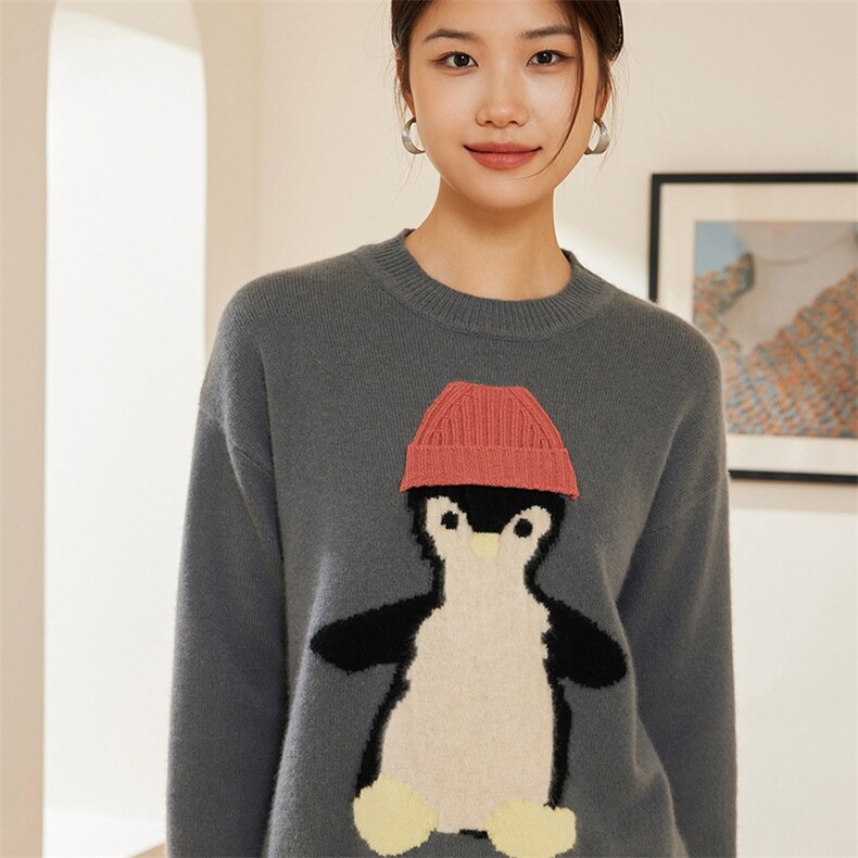 时尚可爱企鹅图案宽松圆领时尚百搭通勤羊绒衫,女装羊绒衫,澳冬特羊绒