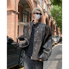 小众复古裂纹做旧皮衣夹克男高级设计感美式短款垫肩外套，男装夹克，星座601-2