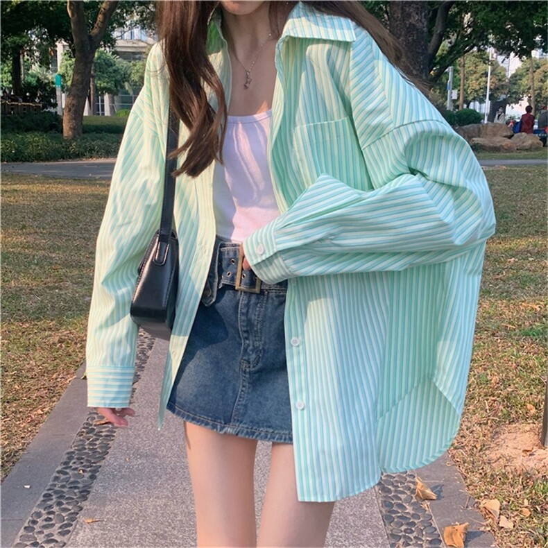 TC692-P45高级感绿色防晒条纹衬衫设计感小众中长款上衣,女装衬衫,星座617A-2