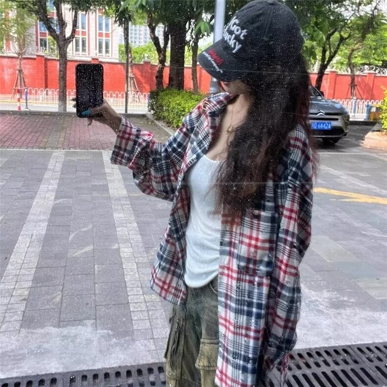 春季美式格子长袖衬衫男女新款磨破休闲宽松情侣外套潮LB4077-P45,男装衬衫,星座1008
