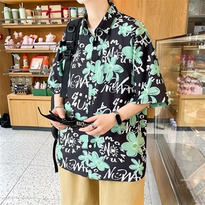 弹力布夏季男士印花短袖衬衫个性五分袖衬衣外套图片