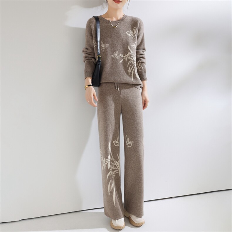 2025年秋蝴蝶圆领套装时尚百搭通勤简约休闲，女装套装/套裙，鹏源羊绒