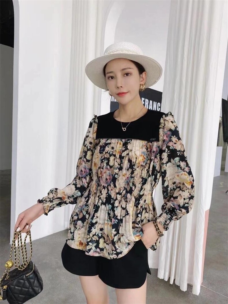 【现货】秋季新款时尚修身压皱花色雪纺针织拼接上衣，其它，名怡