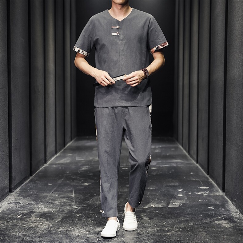 2026夏季风棉麻亚麻短袖T恤唐装大码男士盘扣套装H528-P50，男装休闲套装，星座1105-3