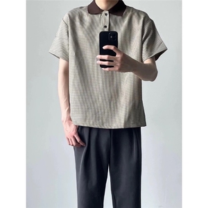 老钱风千鸟格polo衫短袖男夏季新款高级感V领T恤美式休闲TX606图片