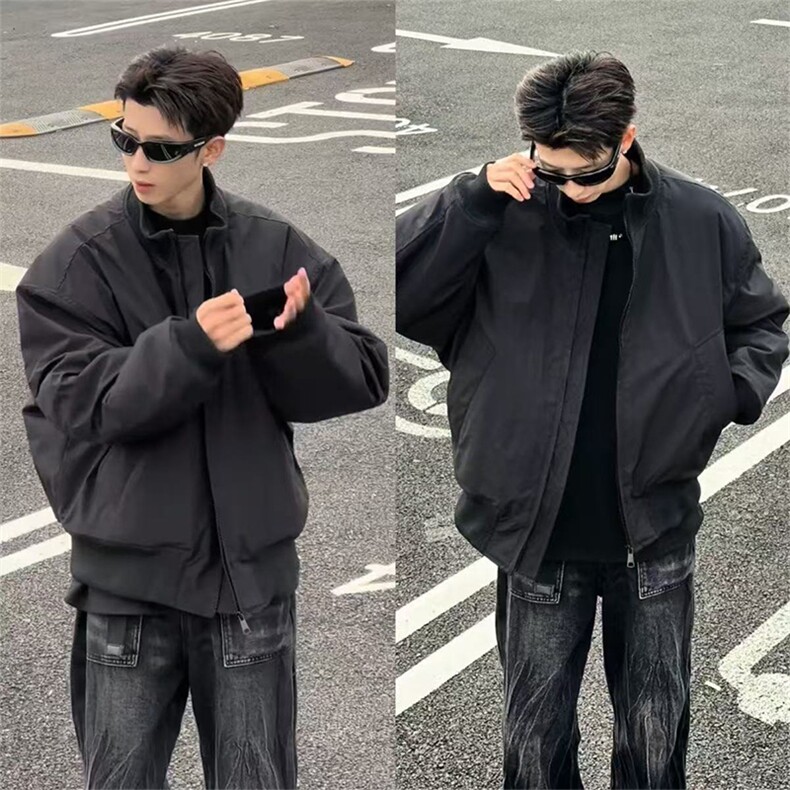 抖音得物美式潮休闲夹克春季立领纯色复古工装加厚棉服外套AMY02,男装夹克,电商A443