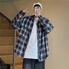 蓝色格子衬衫男夏季薄款长袖翻领衬衣青少年潮牌百搭休闲上衣外套，男装衬衫，电商A450