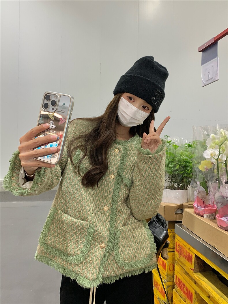 流苏绿色小香风羽绒服外套女秋冬2025新款高级感赫本风气质加厚,女装羽绒服,艾米莉亚