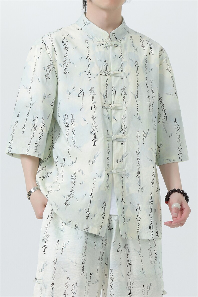 2025夏季新款风男汉服盘扣新中式唐装竹叶印花衬衫C106-P50,男装衬衫,电商B277(原6028)