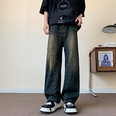 复古低腰牛仔裤宽松直筒长裤小众设计感柳钉阔腿裤子N6116，男装牛仔裤，星座1116A-1（原606A）