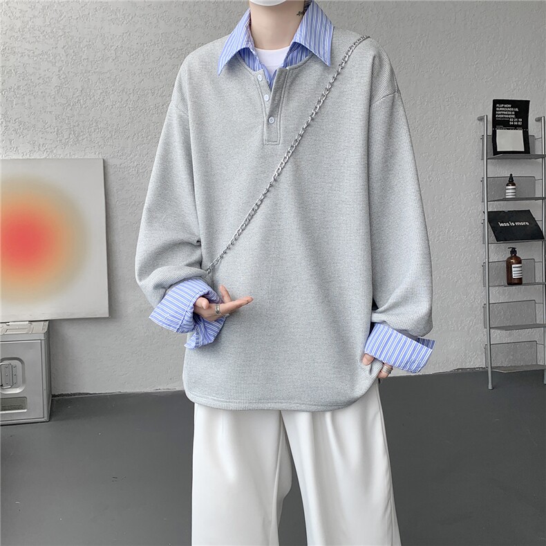 M-8XL假两件撞色polo衬衫翻领卫衣亨利领大码长袖上衣WY5117特P45，男装衬衫，电商B238