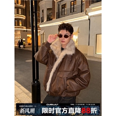 美式复古座山雕毛领皮衣棉服情侣装冬季加厚保暖短款皮毛一体外套，男装皮衣，星座506A