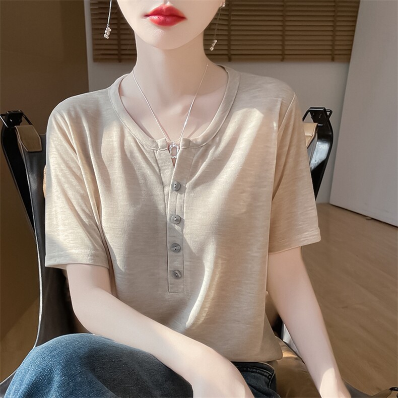 春秋短袖高档新款简约四扣半开圆领薄款打底衫女t恤针织上衣,针织衫/毛衣,绒宛羊绒
