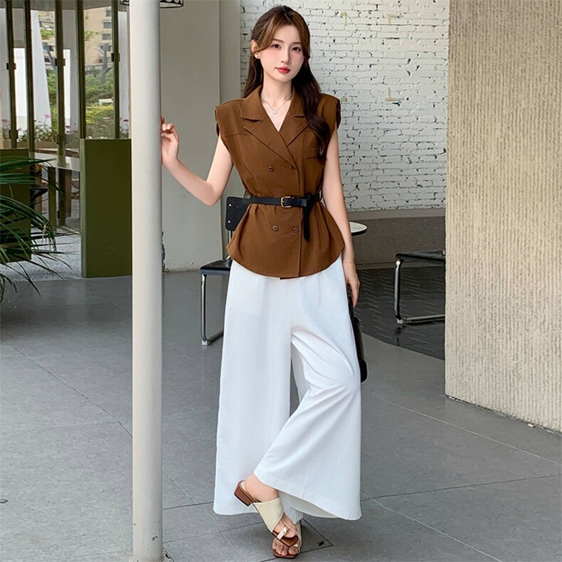 韩系穿搭一整套轻熟气质套装女2025夏季新款无袖上衣阔腿裤两件套，女装套装/套裙，心心服饰