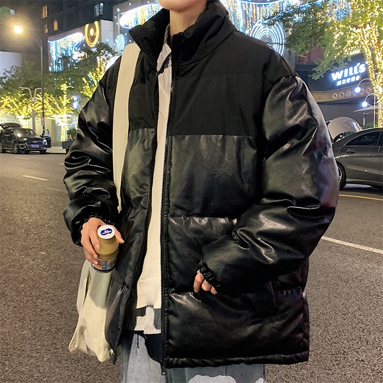 新款PU皮棉衣男士外套宽松冬装加厚港风学生帅气面包服M6689-P100图片