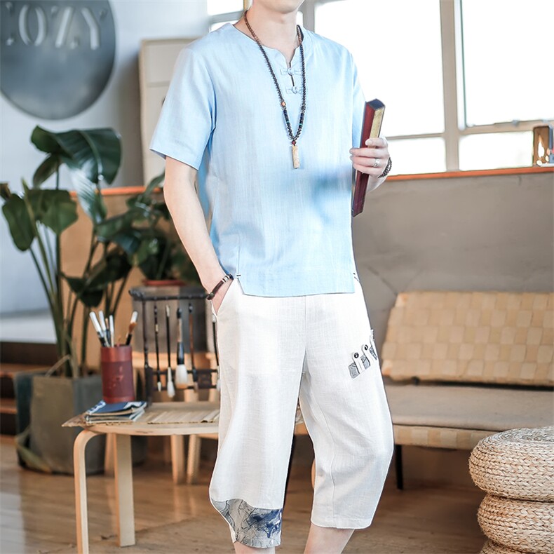 夏季薄款男士亚麻套装圆领盘口复古一套七分裤A266-1-TZ4056-P75,男装休闲套装,电商A266-1