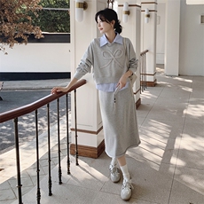 灰色休闲两件套女秋季2025新款学院风穿搭条纹拼接卫衣半身裙套装，女装套装/套裙，2C206