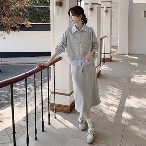 灰色休闲两件套女秋季2025新款学院风穿搭条纹拼接卫衣半身裙套装图片