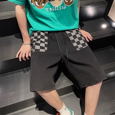 格子牛仔短裤男五分裤夏季宽松直筒休闲中裤ins潮牌情侣ND23-P36，男装牛仔裤，星座1008-1