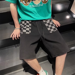 格子牛仔短裤男五分裤夏季宽松直筒休闲中裤ins潮牌情侣ND23-P36图片