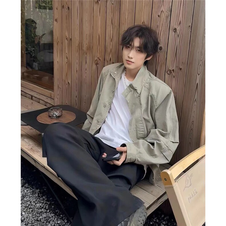 美式复古立领工装牛仔外套男春秋季高级感宽松百搭休闲飞行员夹克，男装工装外套，四季星座505