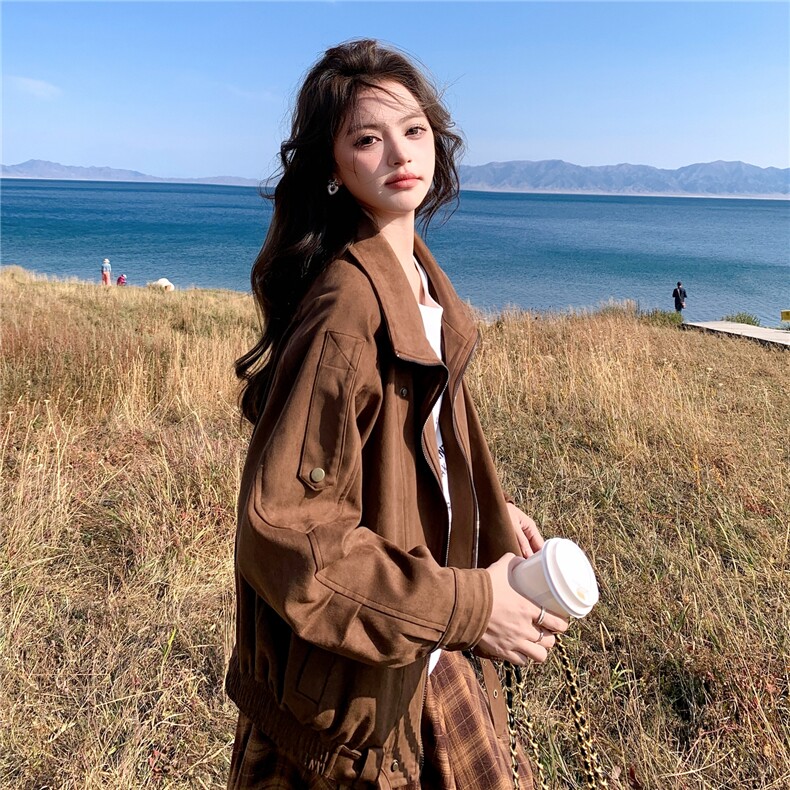 巨好看麂皮绒短外套女春秋2025新款小个子流行爆款超火机车服上衣,女装短外套,2C325