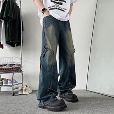 美式vibe高街复古做旧牛仔裤男宽松直筒潮牌阔腿工装裤10800-P55，男装牛仔裤，星座1008