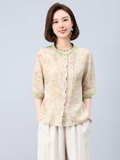2025夏装新款复古舒适显瘦撞色印花苎麻衬衫轻薄阔腿裤，女装衬衫，凝聚力