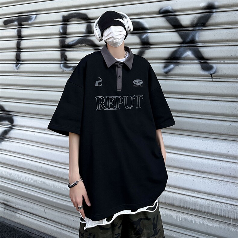 2023夏美式复古半袖Polo衫男高街ins潮牌翻领短袖打底T恤T123-P45图片