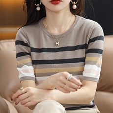 时尚百搭彩条圆领条纹针织短袖毛衣显瘦修身秋季新品，女装针织衫/毛衣，凝珊羊绒