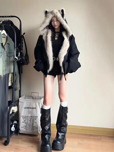 网图 座山雕秋冬季连帽猫耳朵棉衣男女情侣装棉服外套潮流 特P99图片